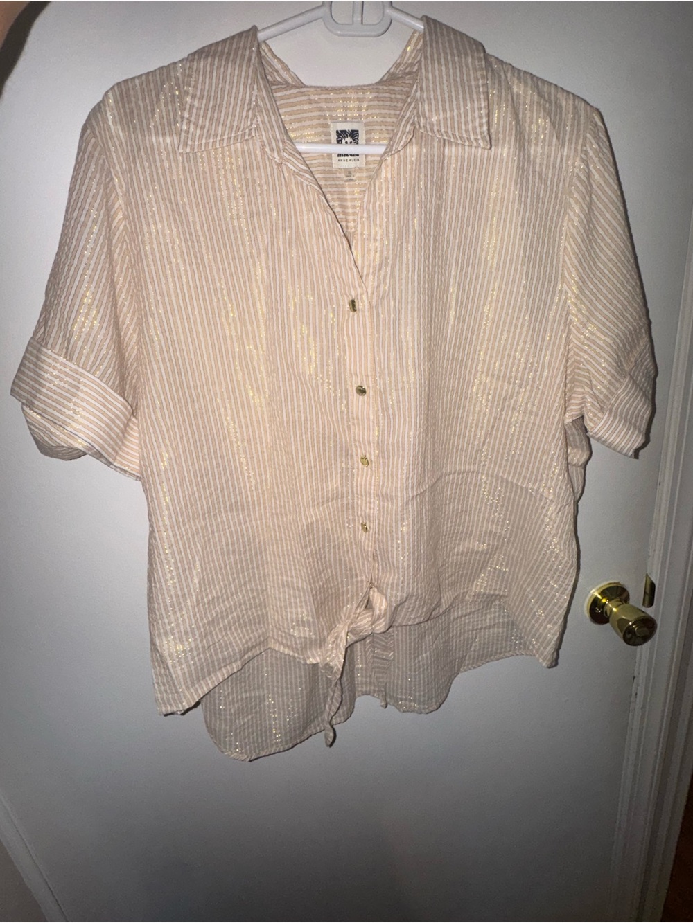Anne Klein Light Pink Button-Front Tie-Hem Short Sleeve Shirt